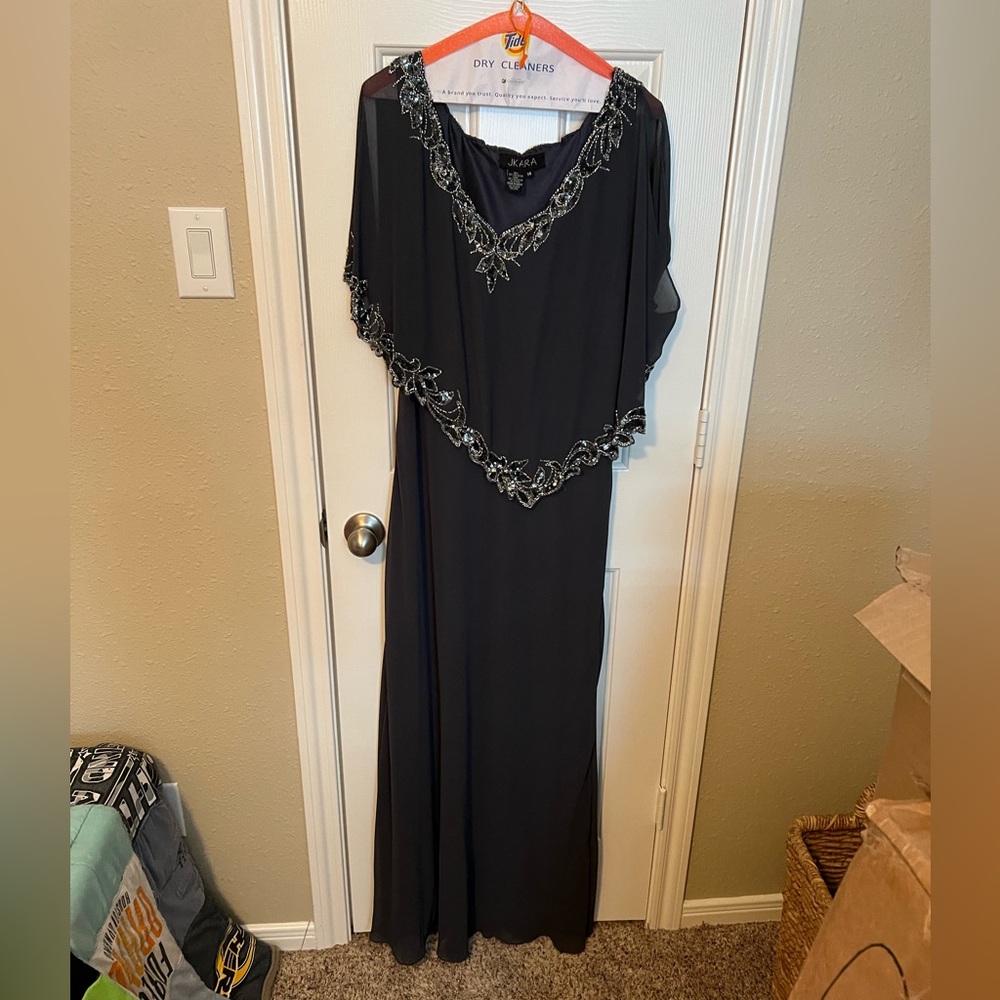 J Kara Blue Maxi Dress with Silver Embellishments